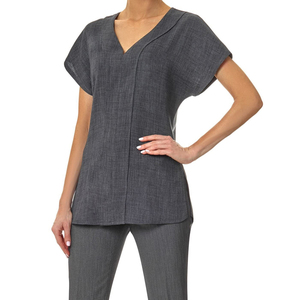 Tunique noire à col en V pour femme avec ceinture et manches courtes, en polyester respirant, idéale pour les uniformes de salon ou d'infirmière - Product Image 3