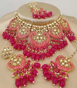 Premium Stainless Steel Crystal <b>Bridal</b> <b>Jewelry</b> <b>Set</b> 4-Pieces Women's Party Wear Gold Plated Vintage Style Pink Color For Women - Product Image 3