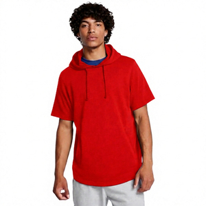 Men's Navy Blue <b>Short</b> <b>Sleeve</b> Hooded T-Shirt Oversized Fit Casual Solid Color Knitted Cotton Breathable Summer <b>Hoodie</b> - Product Image 4