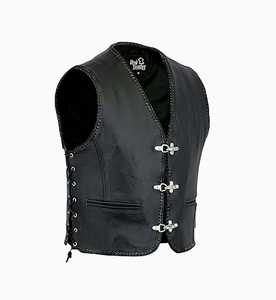เสื้อกั๊กหนังแท้สีดำสำหรับผู้ชาย สไตล์ไบค์เกอร์คลาสสิก แบบไม่มีแขน ไซส์ S ถึง 3XL - Product Image 1