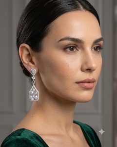 Square Cut Stone Geometric Frame Pear <b>Halo</b> Stud and Long Dangle <b>Earring</b> Design for Women Party Wear Dangle <b>Earrings</b> Manufacturer - Product Image 5