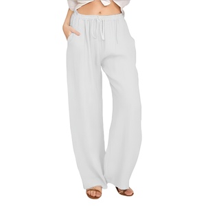 Pantalon large en coton et lin pour femme avec cordon de serrage, décontracté, uni, taille élastique, ample, en coton, pour tous les jours - Product Image 2