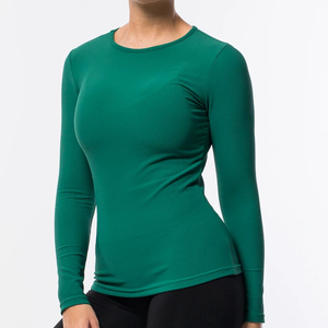 Camiseta Casual de Manga Larga para Mujer, Color Verde Sólido, Cuello Redondo, Tejido de Punto, Ajuste Delgado, Secado Rápido, Venta al por Mayor, Camisetas de Manga Larga en Tendencia, ODM - Product Image 1