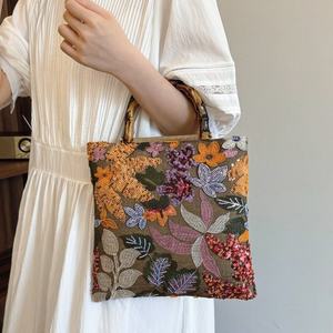 Sac à main en lin tendance avec perles et paillettes, broderie florale, poignée en bambou, sac fourre-tout pour femmes - Product Image 1