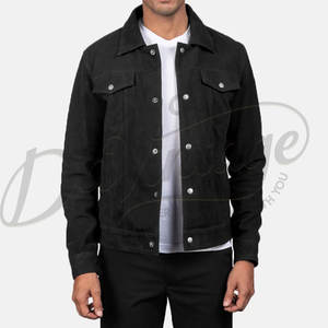 Chaqueta de camionero de cuero de gamuza negra para hombre, estilo clásico con botones, corte ajustado, estilo vaquero, gamuza auténtica, ropa exterior informal a la moda. - Product Image 1