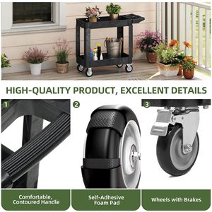 Carrello di Servizio Robusto con Capacità di 250 Kg, 40 x 17 Pollici, in Plastica con 2 Ripiani, Nero - Product Image 3