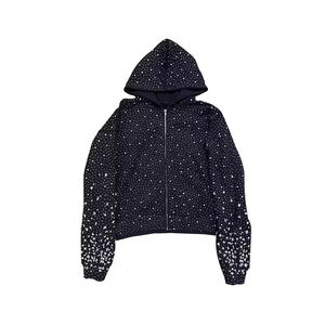 Sweat-shirt à capuche zippé personnalisé de luxe entièrement orné de strass pour hommes et femmes, style streetwear Y2K, coupe oversize, motif floral en cristal brillant, tissu épais - Product Image 2