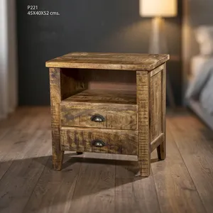 Mesa de Noche Rústica de Madera Maciza con 2 Cajones, Estante Abierto y Gabinete de Almacenamiento para Sala de Estar o Dormitorio, Mueble Ecológico Hecho a Mano - Product Image 3