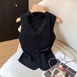 Women's <b>Lace</b> Trim Halter Knit Tank Top V Neck Button Front Sleeveless Summer <b>Cami</b> Chic Y2K Fashion <b>Vest</b> - Product Image 4