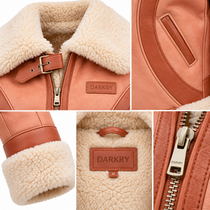 <b>Womens</b> Real Sheepskin Leather Shearling Jacket Peach Cream Plush Fleece Lapel Collar Buckle Strap Cozy Winter Outerwear <b>Coat</b> - Product Image 6