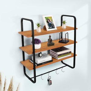 Modern Wooden Wall Shelf with Metal <b>Frame</b> 3-Tier <b>Floating</b> Bookshelf for Home Living Room Bedroom Display with Key Hooks - Product Image 1