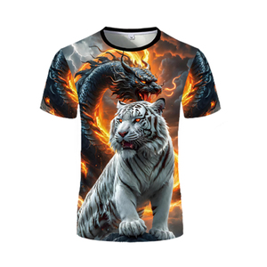 T-shirt de sublimation 3D Tigre Blanc et Dragon de Feu - Streetwear graphique animaux mythiques - T-shirt décontracté fantaisie artistique pour homme - Product Image 6