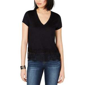Camiseta de manga corta con cuello en V 100% algodón para mujer, personalizada, lisa, con estampado a cuadros, apliques, nueva, elegante y personalizada. - Product Image 1