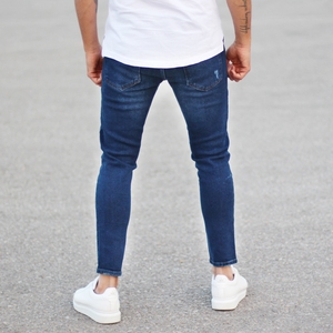 Jean droit décontracté et professionnel pour homme, coupe classique, en denim bleu vintage, avec boutons et rivets, haute élasticité, délavage à la pierre, collection automne-hiver - Product Image 6