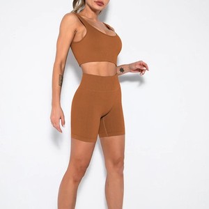 Brown 2 Piece Yoga Set <b>Crop</b> <b>Top</b> High Waist Shorts Seamless Racerback Scoop Neck Breathable Spandex Polyester - Product Image 3