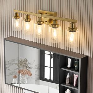 Lampada da Bagno Moderna in Ferro da 31 Pollici con 5 Paralumi in Vetro Trasparente, Applique Dorata a 5 Luci per Specchio e Bagno - Product Image 3