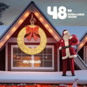 Guirnalda Navideña Preiluminada de 48 Pulgadas con Luces LED para Exteriores, 315 Luces, Lazo Dorado/Rojo, Decoración Metálica para Jardín, Hogar y Fiestas - Product Image 5