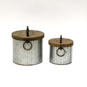 Heritage Style Aged Galvanized Canister Duo Handcrafted Raw Timber Top Countertop <b>Storage</b> - Product Image 1