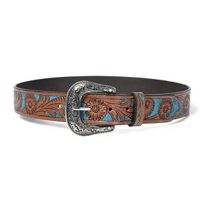 Personalized Hand Tooled Leather Western <b>Belt</b> with Leather Buckle Turquoise Trim Full Grain Genuine Leather <b>Belt</b> for Women's - Product Image 4