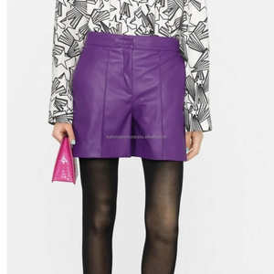 Trendy Women's Solid <b>Leather</b> <b>Shorts</b> Knee Length Mid Waist Breathable Quick Dry Zipper Closure Pockets Casual Wear - Product Image 2