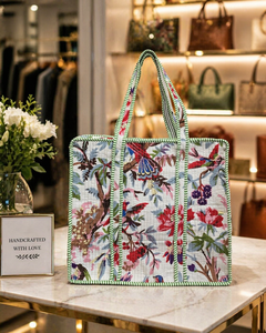 Bolso Tote de Hombro Le Souvenirs Lady, Base Blanca, Estampado Floral, Tela de Algodón, Cierre de Cremallera, Estilo Vintage, Asas a Rayas, Lona - Product Image 2