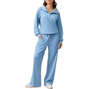 Conjunto de chándal de mujer azul claro con media cremallera, forro polar premium de alto gramaje, sudadera oversize y pantalones anchos a juego, ropa de descanso - Product Image 6