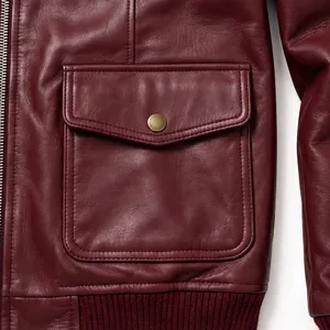 Chaqueta bomber de cuero burdeos para hombre con cuello alto, cierre de cremallera, 4 bolsillos y puños acanalados estilo motero - Product Image 6