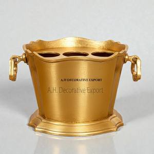 Seau à glace en métal doré durable pour 3 bouteilles, grand modèle décoratif floral, pour bar, fêtes et boissons premium - Product Image 1