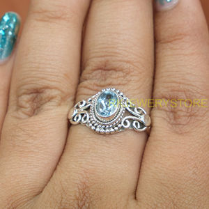 Natural Blue Topaz Gemstone 925 Sterling <b>Silver</b> Handmade Vintage <b>Boho</b> Filigree Statement <b>Ring</b> for Women Oval Cut Sky Blue Stone - Product Image 3