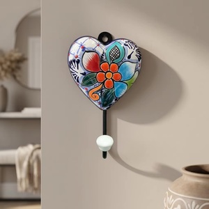 Handmade Ceramic Heart Wall Hook With Floral Pattern Vintage Style Single Hook For Keychain <b>Hanger</b> - Product Image 3