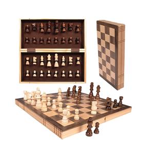 Jeu d'échecs pliable en bois de 15 pouces pour la compétition, jeu de société de voyage avec pièces sculptées à la main et fonds feutrés, emballage élégant en boîte cadeau - Product Image 1