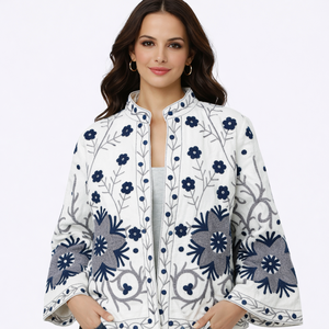 Elegant <b>White</b> Cotton Embroidered Bomber <b>Jacket</b> Floral Pattern Regular Sleeve Reversible Eco-Friendly Velvet Fabric Spring Style - Product Image 3