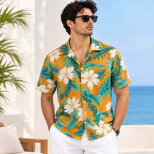 Island Style <b>Mens</b> Camp Collar <b>Shirt</b> 100% Cotton Flex Tropical Floral Print Short Sleeve Casual <b>Beach</b> Wear Summer Resort Holidays - Product Image 4