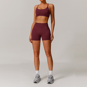 Women Yoga Set 2 Piece Solid Color <b>Ruched</b> Seamless High Waist <b>Shorts</b> Racerback Crop Top Four-Way Stretch Fitness Gym Workout - Product Image 2