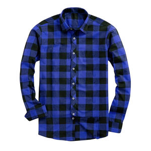 Best Quality Men's Blue Black Box Flannel Shirt Knitted Breathable Eco-Friendly Casual Long Sleeve <b>Button</b> <b>Turn</b> Collar Streetwear - Product Image 1