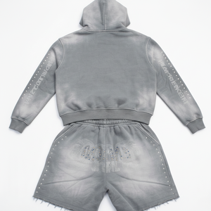 ผู้ผลิตเสื้อผ้าสตรีทแวร์แบบสั่งทำ ชุดเซ็ตฮู้ดดี้ซิปใหญ่ประดับเพชรและกางเกงขาสั้น ปักลายสไตล์วินเทจฟอกสี ชุดแทรคสูทผู้ชาย - Product Image 2