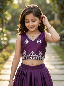 Shoryam mode filles violet taffetas soie Lehenga Choli brodé longueur au sol haut court jupe ensemble vêtements ethniques traditionnels pour - Product Image 6