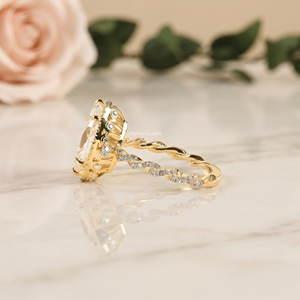 Luxury Gold Marquise Cut <b>Ring</b> with Pave Halo, Round Side Stones and Ornate Band Design Elegant <b>Statement</b> Fine Jewelry for Ladies - Product Image 3