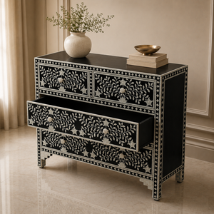 Aparador Decorativo de Madera con Incrustaciones de Hueso, Mesa Auxiliar con Patrón Floral, Mueble para Sala de Estar u Hotel - Product Image 3