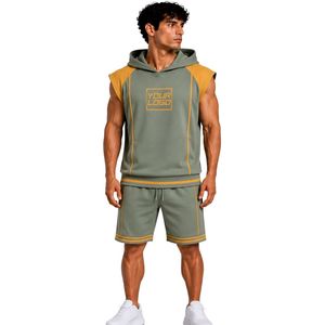 Mens Sage Green Mustard <b>Sleeveless</b> Hooded Tracksuit Set Custom Logo Gym Fitness Training Sports <b>Hoodie</b> And Shorts Activewear - Product Image 1