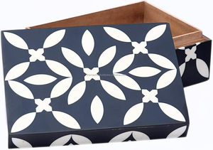 Vintage Handmade Natural Wooden Bone Inlay Decorative Jewelry & Storage <b>Box</b> <b>Floral</b> Design - Black & White - Product Image 3