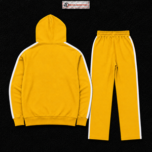 Conjunto Deportivo Dorado para Hombre, Sudadera con Capucha y Pantalones Jogger con Logotipo Personalizado, Franja Lateral Blanca, Ropa Deportiva de Felpa, Venta al Por Mayor - Product Image 6