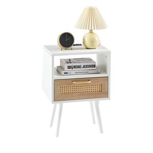 Tavolino Moderno in Rattan da 40 cm con Presa di Corrente e Porte USB, Comodino in Legno Massello con Cassetto e Tavolino Laterale - Product Image 6