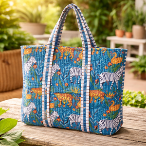 Blue Jungle Animal Print Cotton Tote <b>Bag</b> <b>Lightweight</b> Foldable Zipper Large Capacity Reusable Eco Friendly Women Shoulder Handbag - Product Image 1