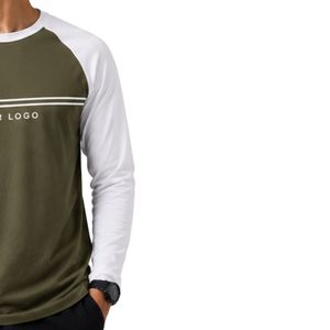 Olive Green And <b>White</b> Raglan Long Sleeve T Shirt Men Premium Cotton Crew Neck Casual Graphic Baseball Tee Custom OEM Apparel - Product Image 4