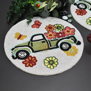 Set de dessous-de-plat perlés motif camion fleuri vintage, vert, style ferme, pour table de repas, décoration de table printanière, B2B en gros - Product Image 5
