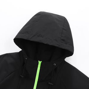 Custom Wholesale Casual Men's Black Hooded Windproof Sport <b>Jacket</b> With Neon Green Zipper And Front Logo Print - Product Image 5