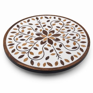 Round Wooden Lazy Susan Plate Handmade Plant Pattern Bohemian Style In-glaze Design - Product Image 1