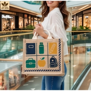 กระเป๋าผ้ากระสอบพิมพ์ลายสำหรับโปรโมชั่น เคลือบ PP ขนาด 28 x 23 x 10 ซม. หูหิ้วทำจากผ้าฝ้ายขนาด 30 ซม. รับทำโลโก้ตามสั่ง ขายส่ง OEM - Product Image 6