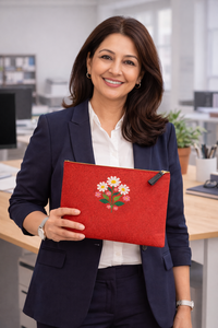 Bolso de mano grande ecológico de yute Bengal GI con estampado floral rojo hecho a mano en India - Product Image 4